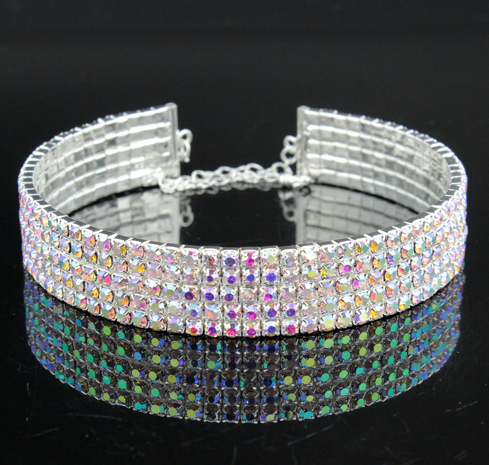 5-Row White AB Austrian Rhinestone Crystal Choker Necklace Party Silver N060AB