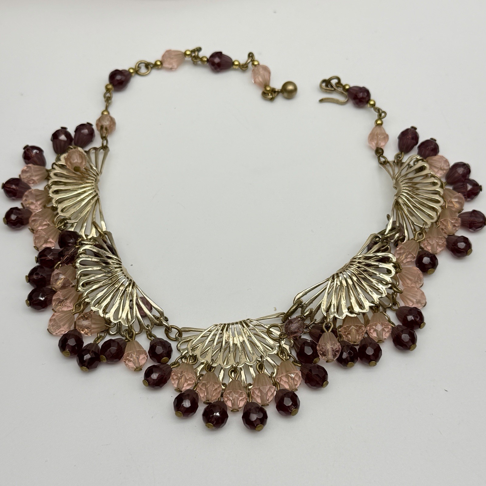 Vintage Purple Pink Glass Necklace Statement Scallop Bib Beaded Choker 15”
