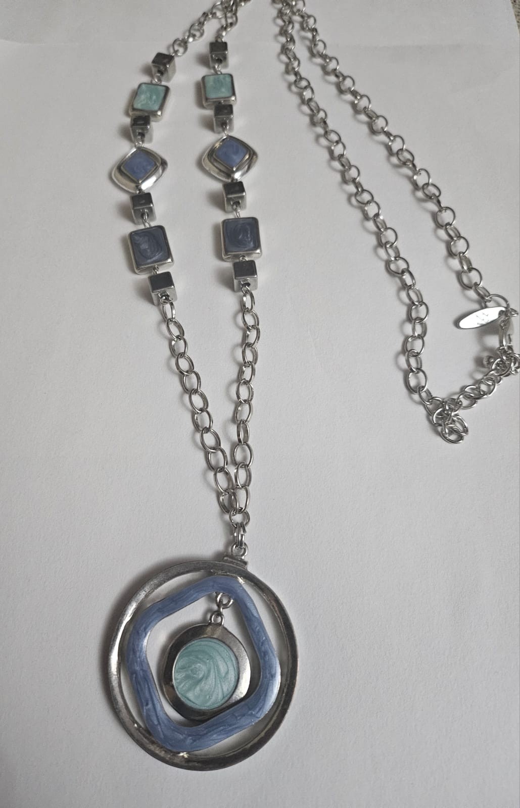 Vintage Long Geometric Statement Necklace Blue Gray Beaded Boho Pendant
