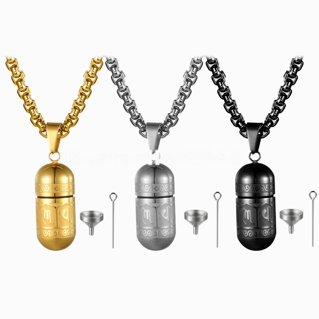 Men Women Stainless Steel Pill Capsule Pendant Urn Ashes Necklace with Fill Set