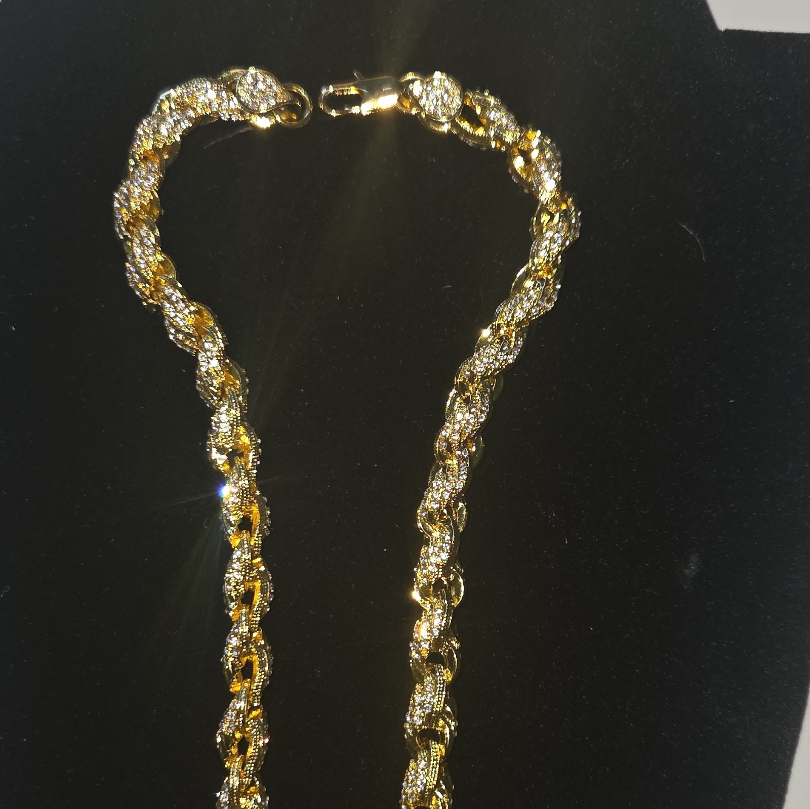Gold Tone Rope Chain Necklace Clear Stones Rhinestones Lobster Clasp