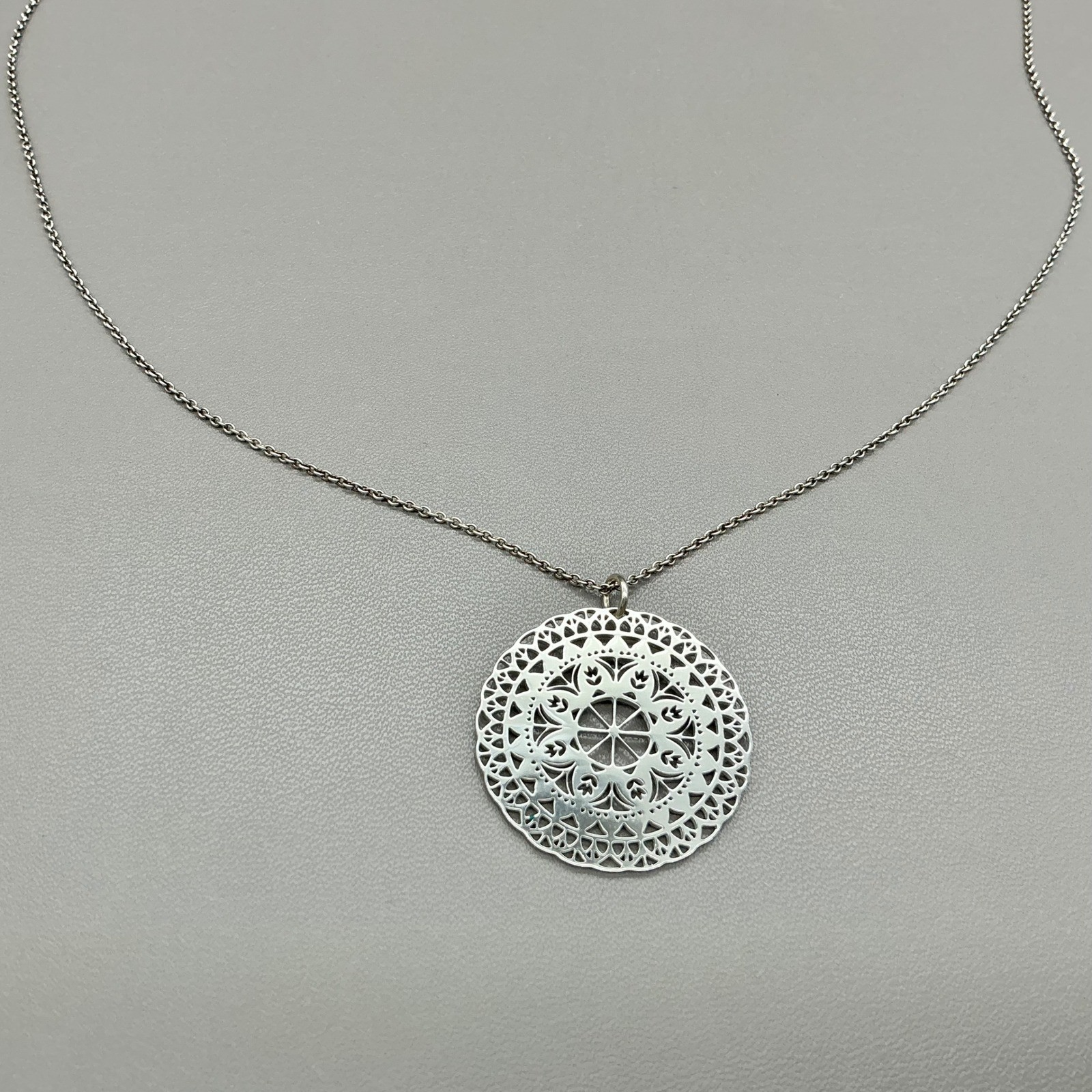 Silver Tone Filigree Pendant Necklace Adjustable Boho Medallion 18-20 Inch