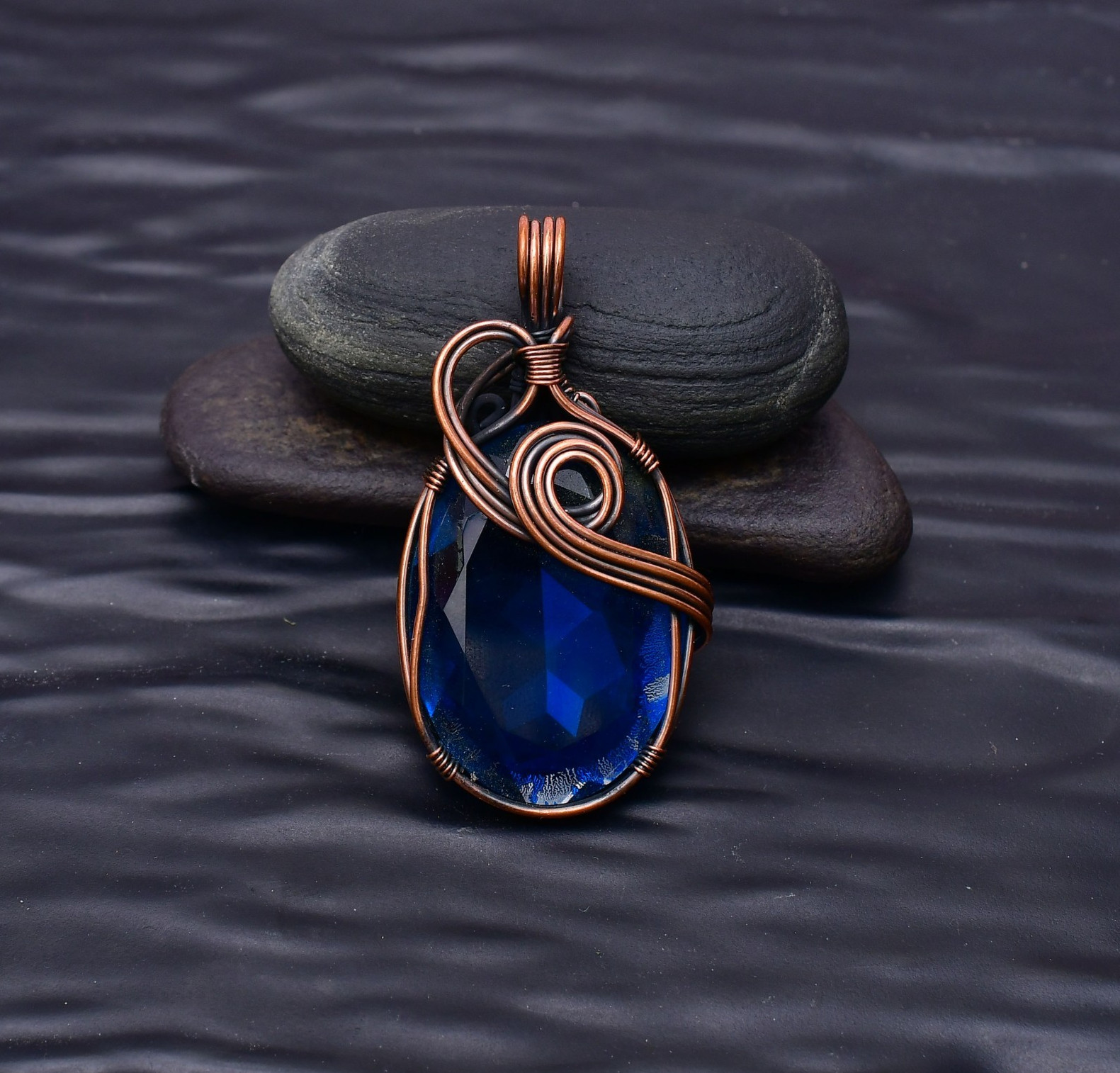 London Blue Topaz Gemstone Copper Wire Wrapped Handmade Jewelry Pendant 2.20″
