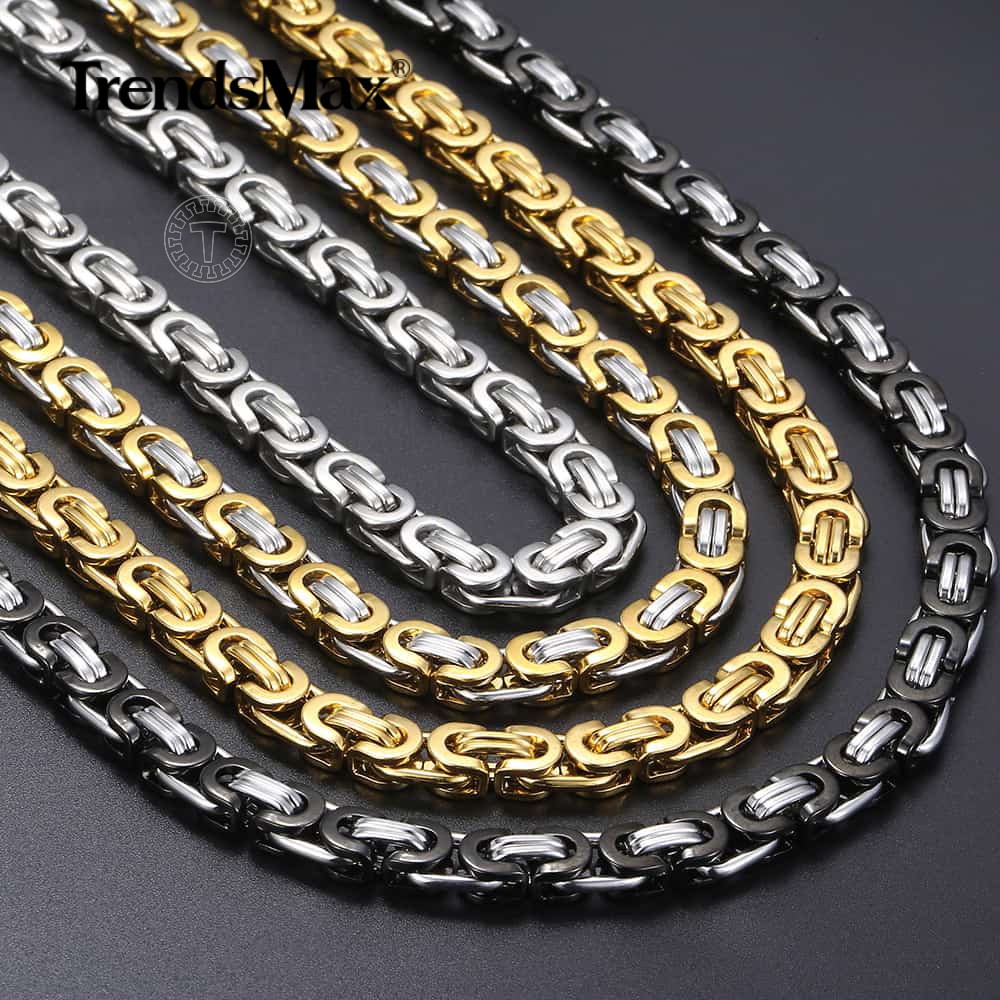 7mm 18-30″ Mens Chain Flat Byzantine Black/Silver/Gold Stainless Steel Necklace
