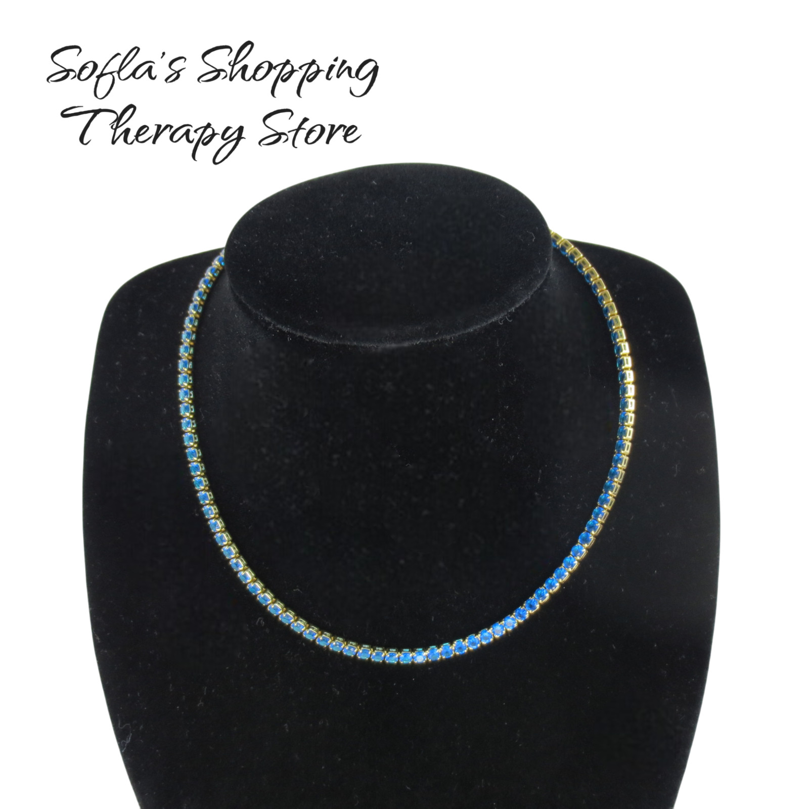 14k Yellow Gold Plated Blue Tennis Necklace 17 ” Cubic Zirconia width 3 mm