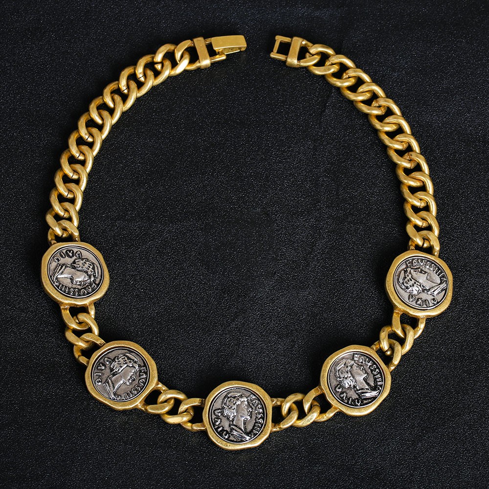 Two-Tone Vintage Coin Choker Necklace Women Thick Chain Statement Neck Jewelry