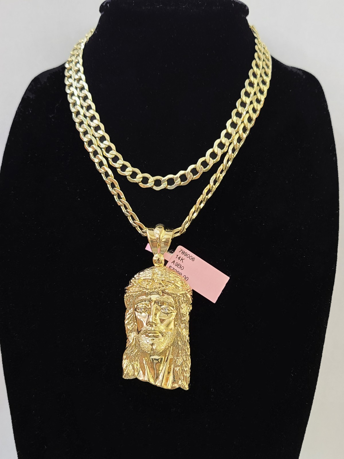 14K Gold Cuban Curb Chain Necklace Jesus Face Charm Pendant Set 6mm 20″–28″