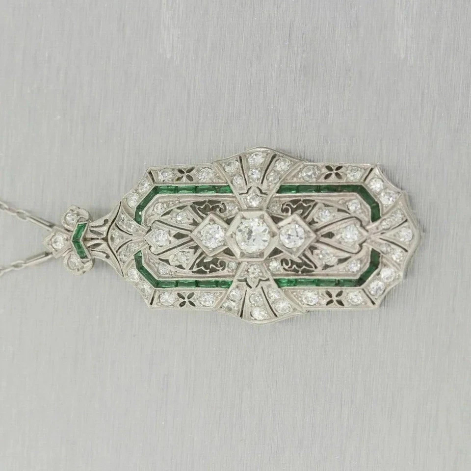 3Ct Art Deco Style Lab Created Diamond & Emerald Enagagement 925 Silver Pendant