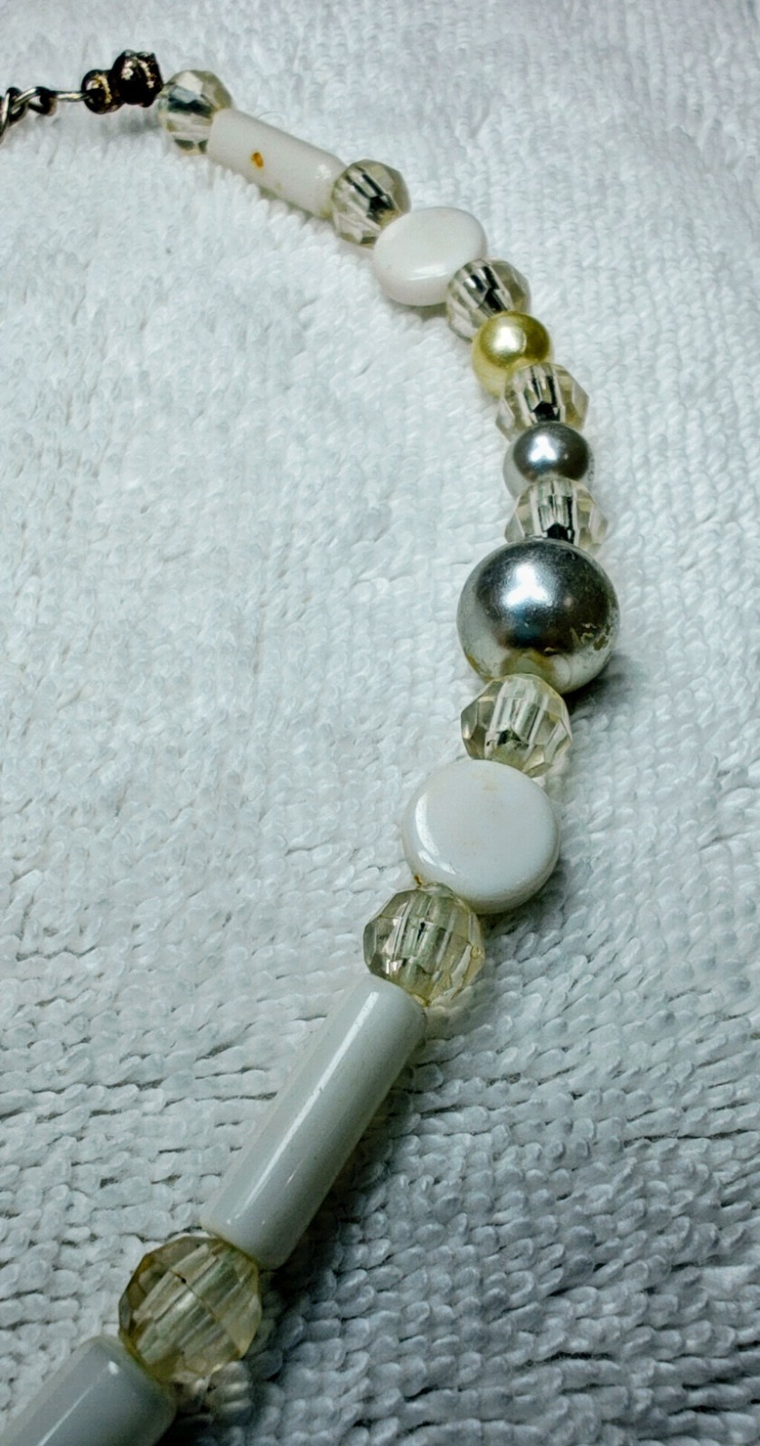 Vintage White Beaded Tassel Pendant Necklace SilverTone Adjustable Lobster Boho