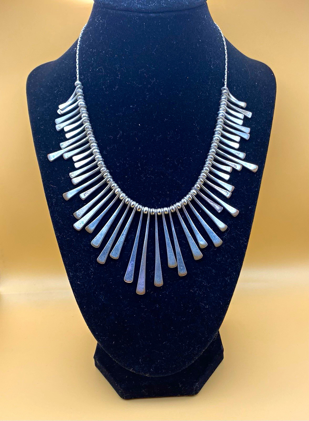 Silver Tone Metal Fringe Bib Statement Necklace w/ Extender Chain No Stone