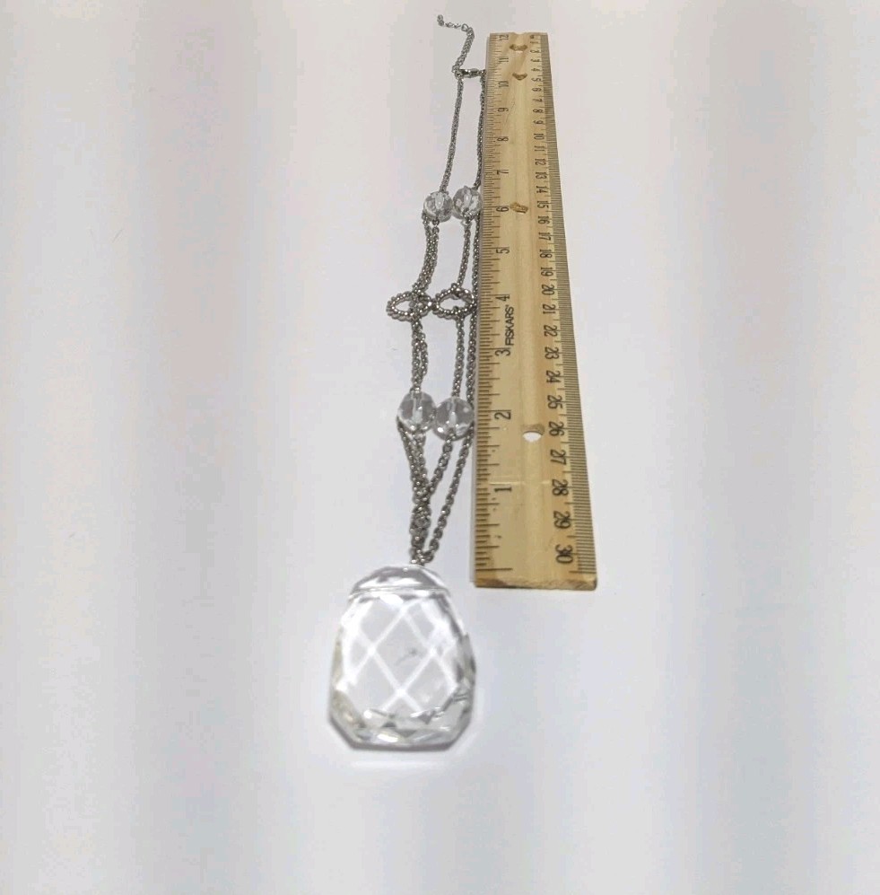Silver Tone Chain Necklace With Clear Glass Beads & Faceted Rectangular Pendant