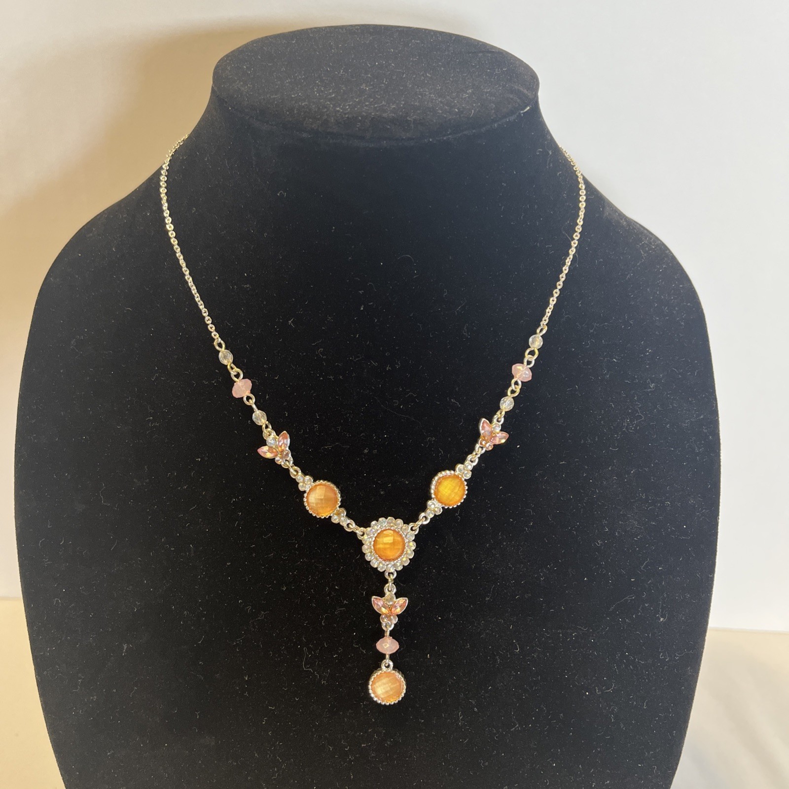 Y Drop Rhinestone Necklace Amber Topez Silver Tone Color Y2K