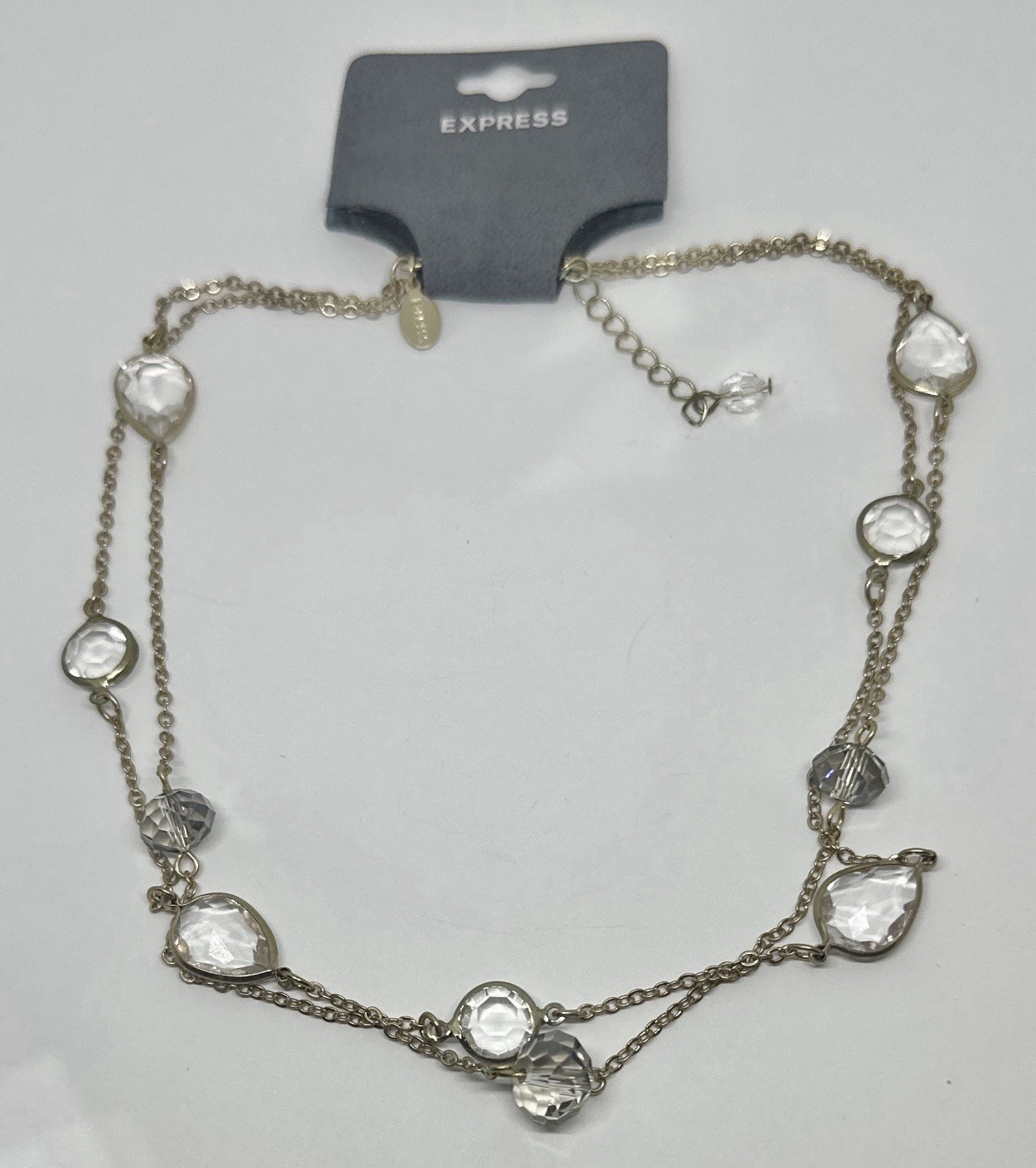 Express Gold Tone Double Layer Station Necklace Clear Faceted Teardrop Crystal