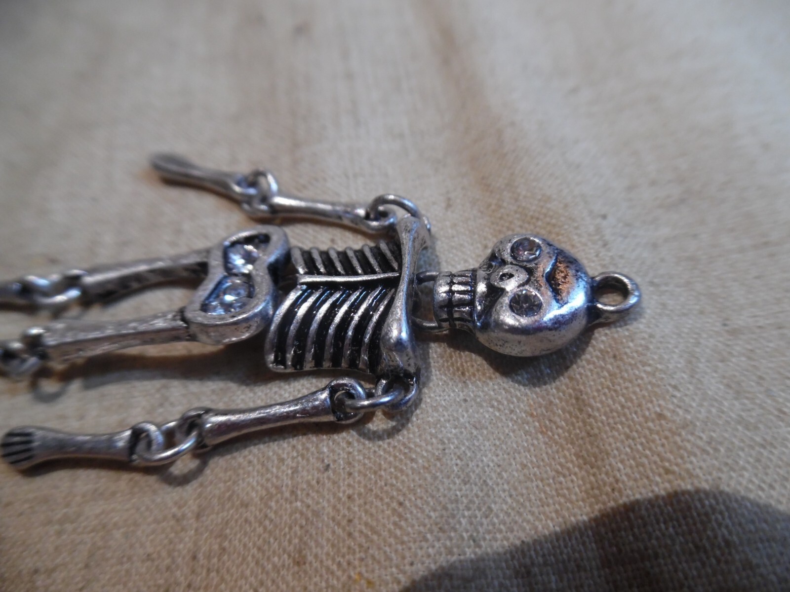 Articulated Skeleton Pendant Silver Color With Rhinestones
