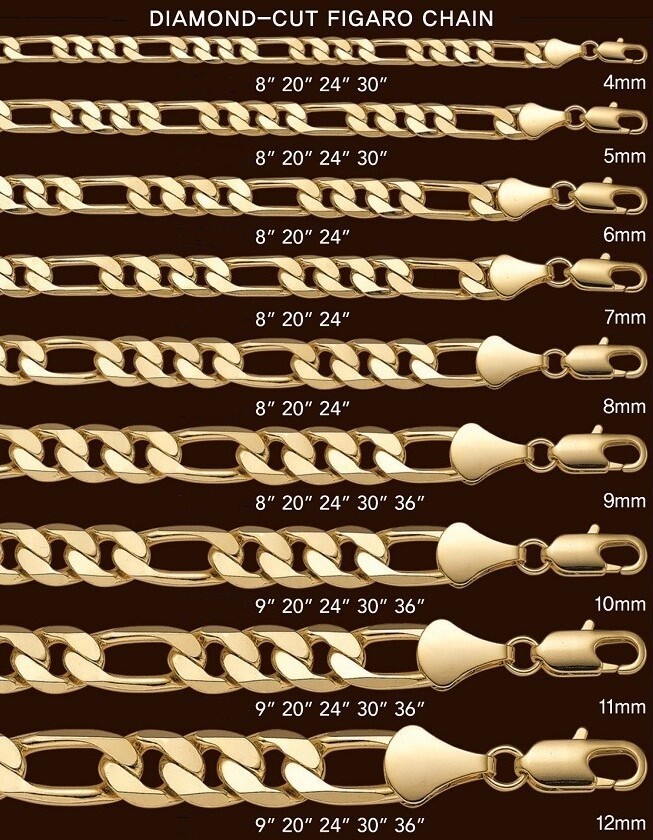 14k Italian Figaro Link Chain Necklace 3mm to 12mm Gold Plated 8″ 9″ 20″ 24″ 30″