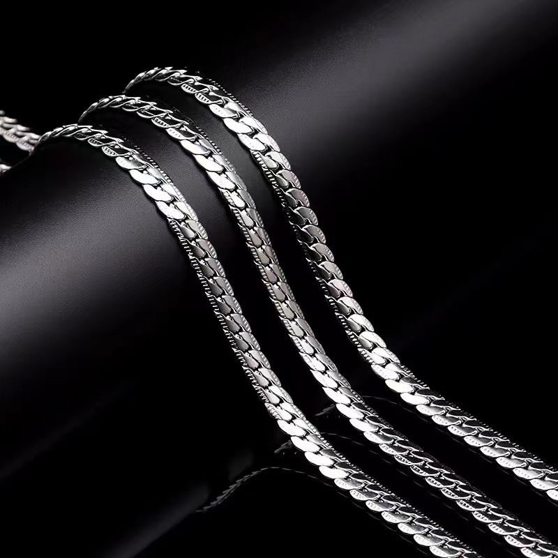 Stainless Steel Cuban Link Chain Necklace Silver Plated 50/55/60cm Men Jewelry