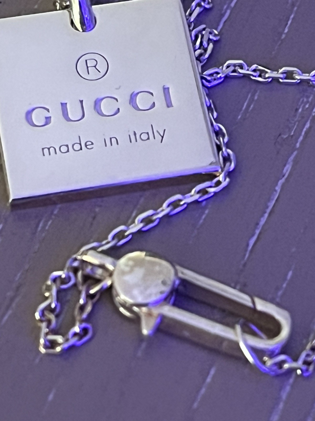GUCCI Necklace Square Plate Pendant Engraved Logo Adjustable Chain Silver