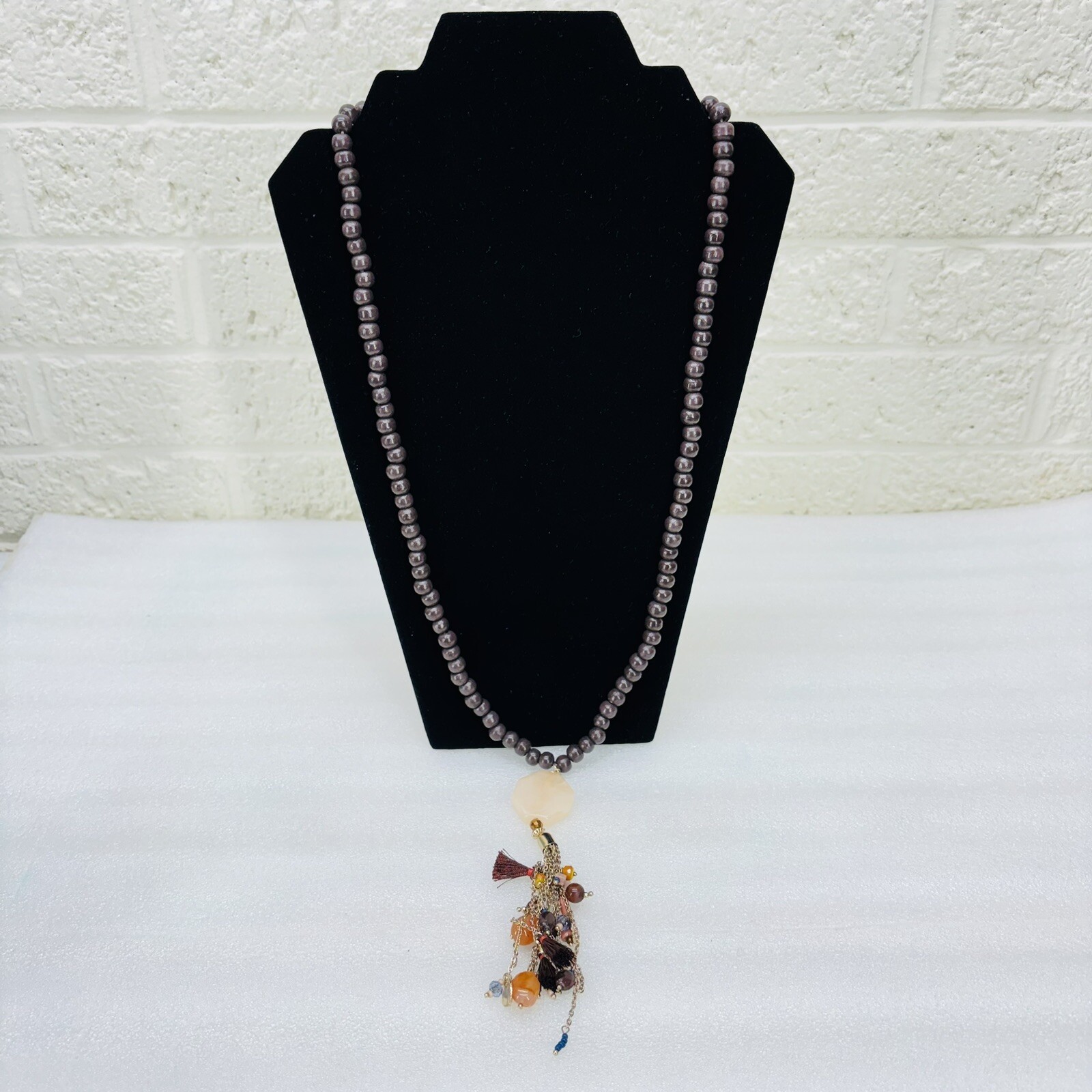 VERSONA Brown Beaded Charm Pendant Costume Fashion Jewelry 30″ Necklace • EX‼