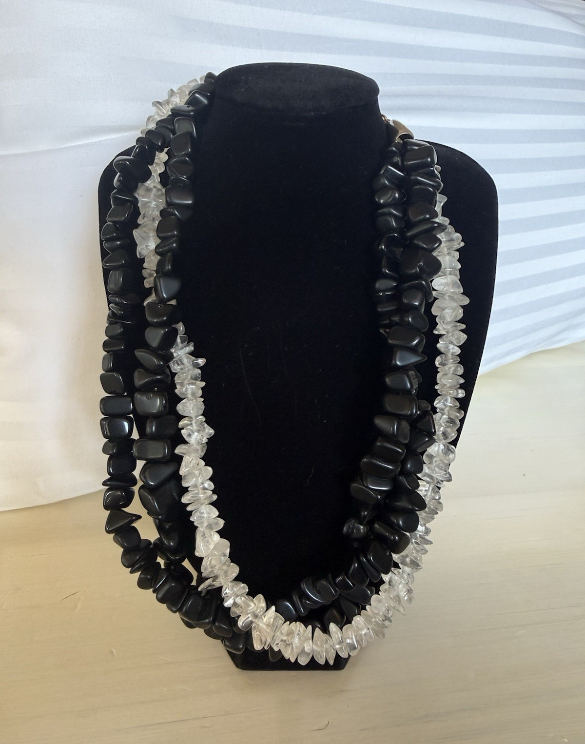 Vintage Black Onyx & Clear Quartz Chip Multi-Strand Necklace