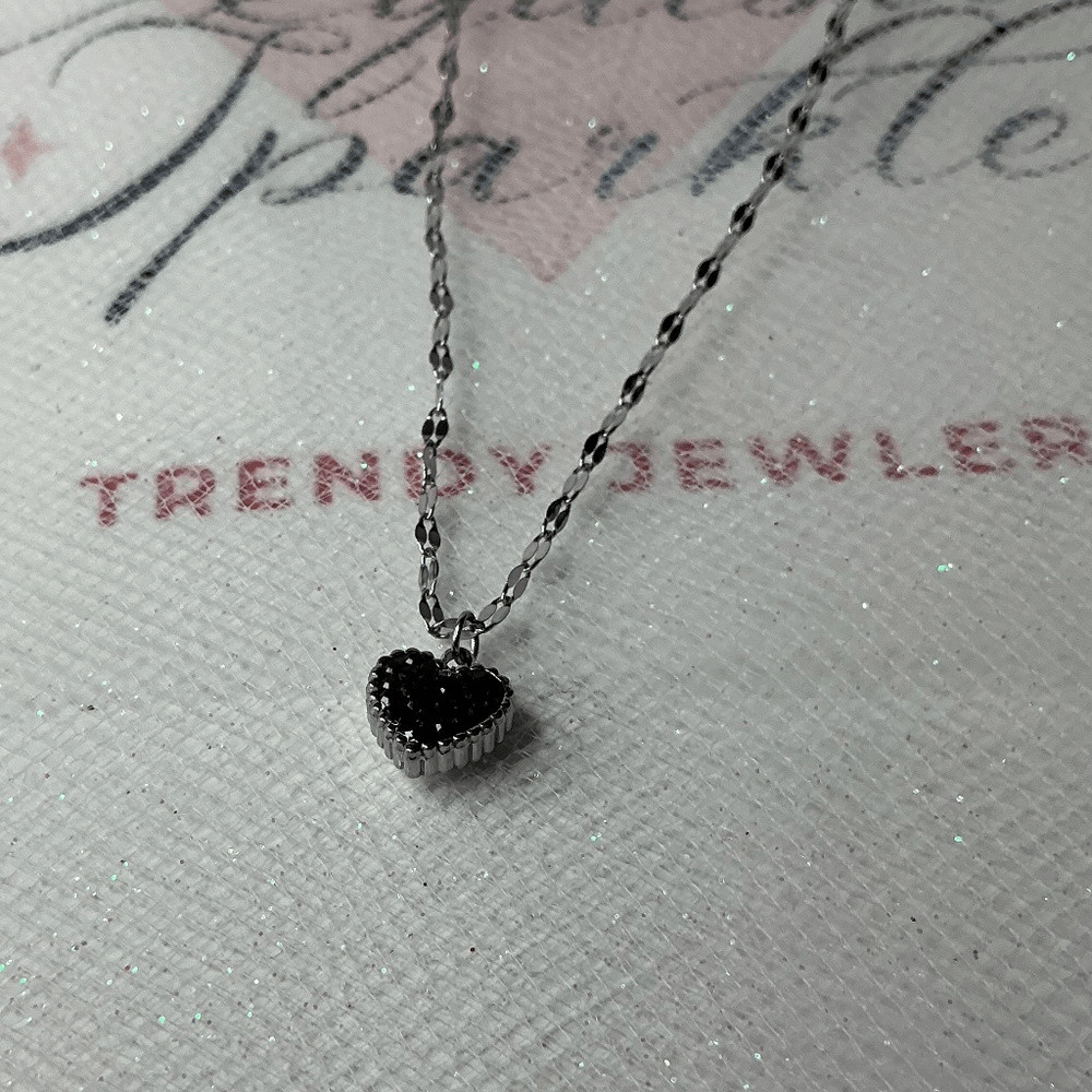 Silver Plated Stainless Steel Black Heart Pendant Necklace CZ Minimalist