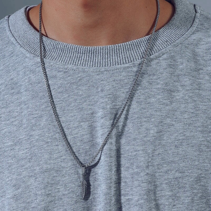 Men’s Fashion Jewelry Silver Minimalist Feather Pendant Necklace 1-300
