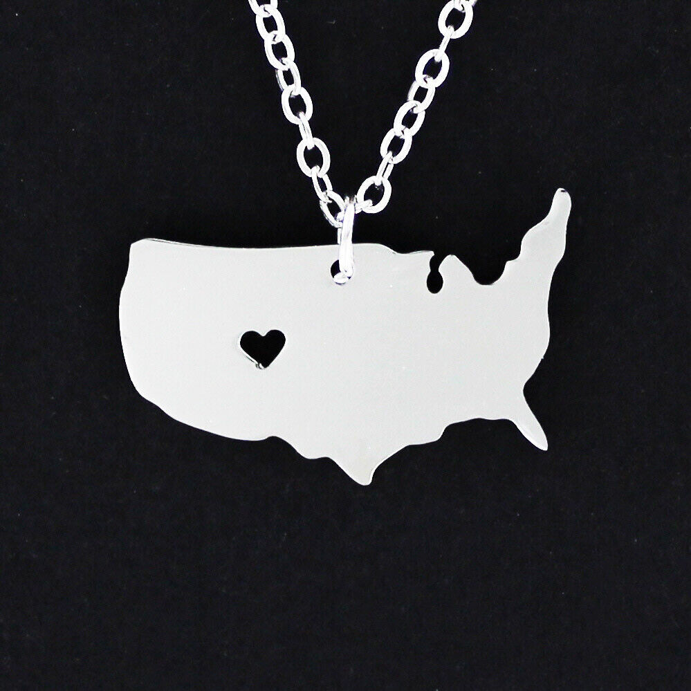 UNITED STATES Necklace – Stainless Steel Charm Tiny Open Heart USA America NEW