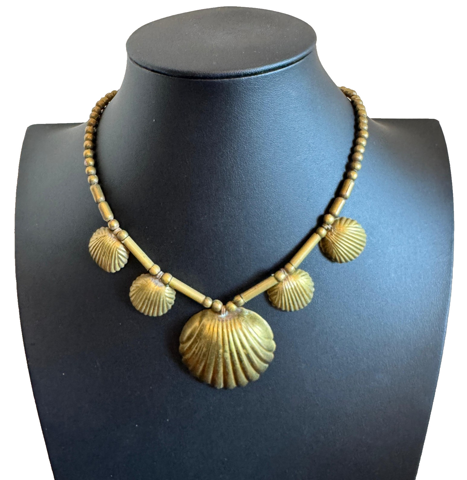 VTG Brass Seashell Statement Necklace Gold Tone Coastal Beach Jewelry Boho 16”