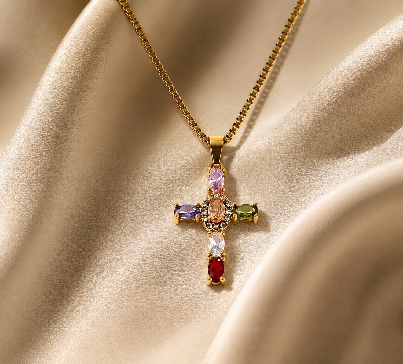 Anthropologie Gemstone Cross Necklace Pendant Charm Gold CZ Boho Multicolor VTG