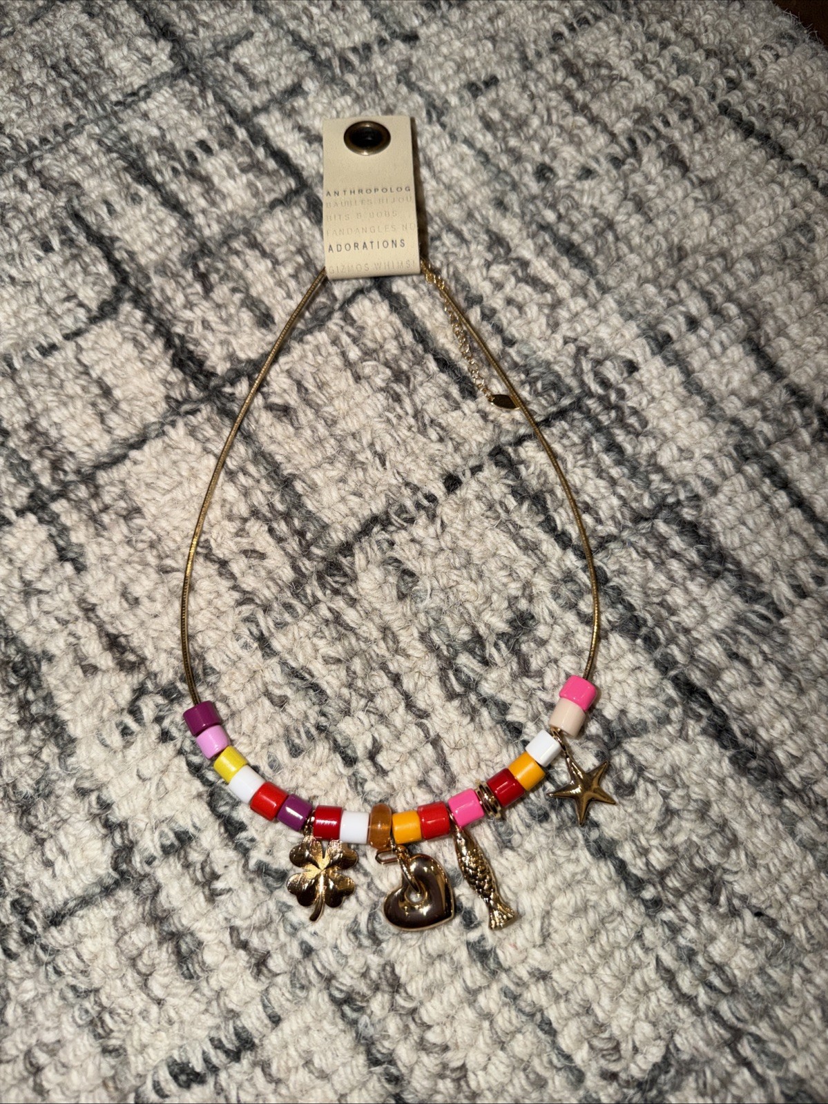 Anthropologie Beaded Gold Charm Necklace, NWT Pink Multicolor