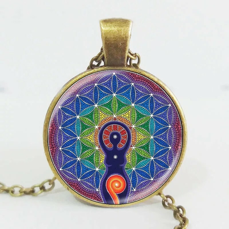 Colorful henna yoga pendant necklaces glass cabochon statement jewelry mandala