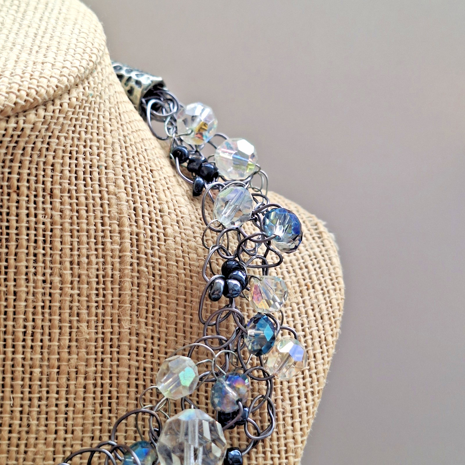 Handmade Glass Necklace Ab And Clear Beads Bib Chocker Adjustable Necklace 18.5″