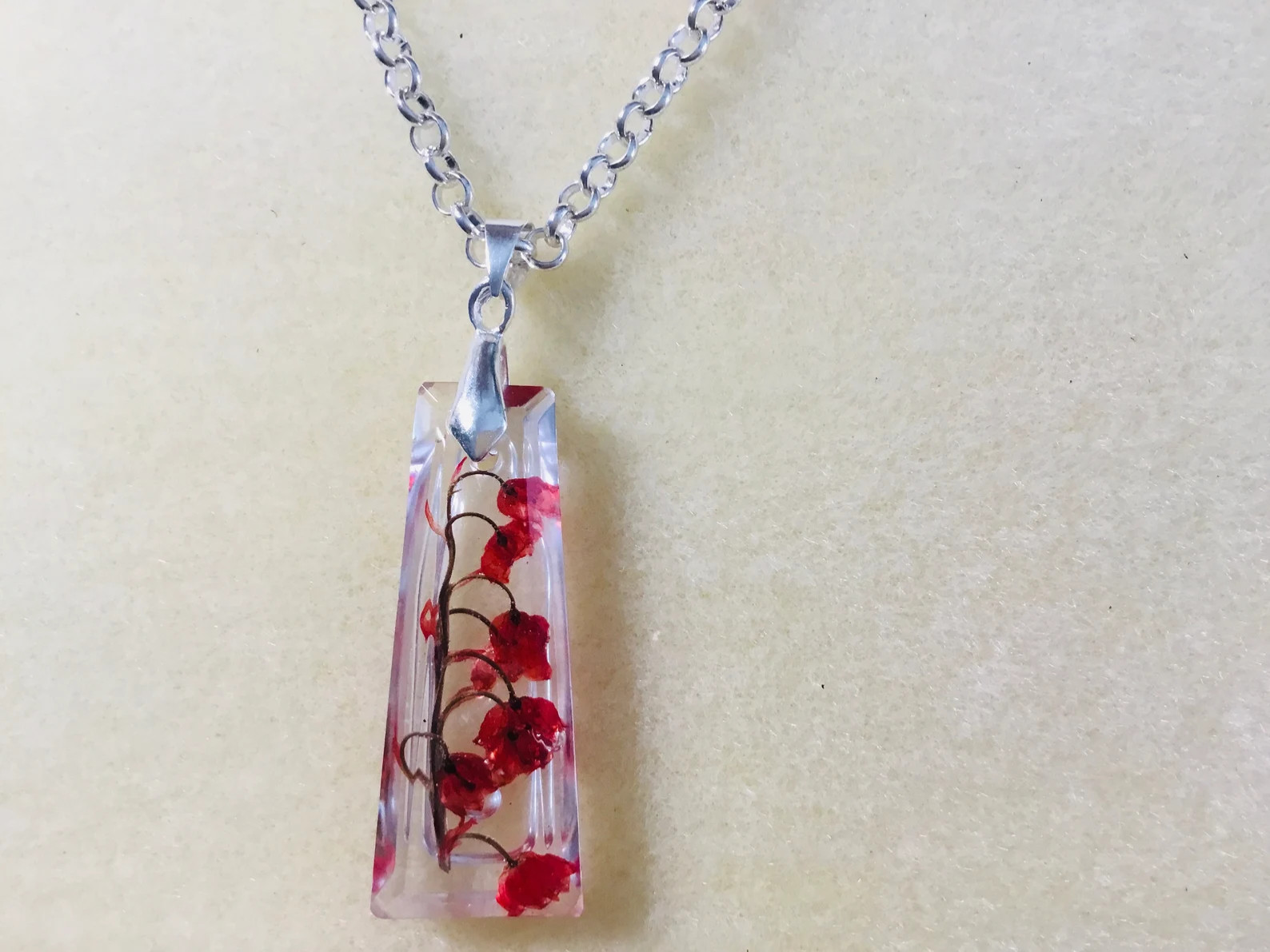 Lilies of the Valley Pendant Necklace, Red Floral Resin Jewelry, Real Flowers