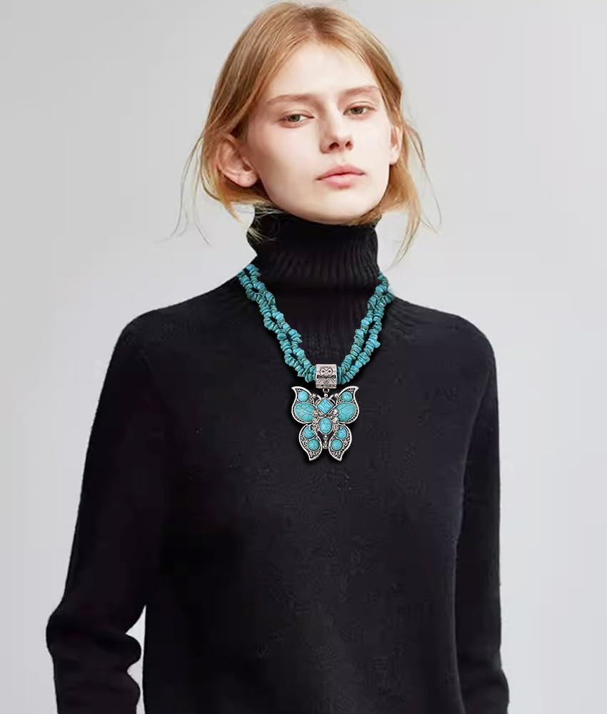 Turquoise Butterfly Layered Necklace for 45 Cm (17.75 Inches), Blue