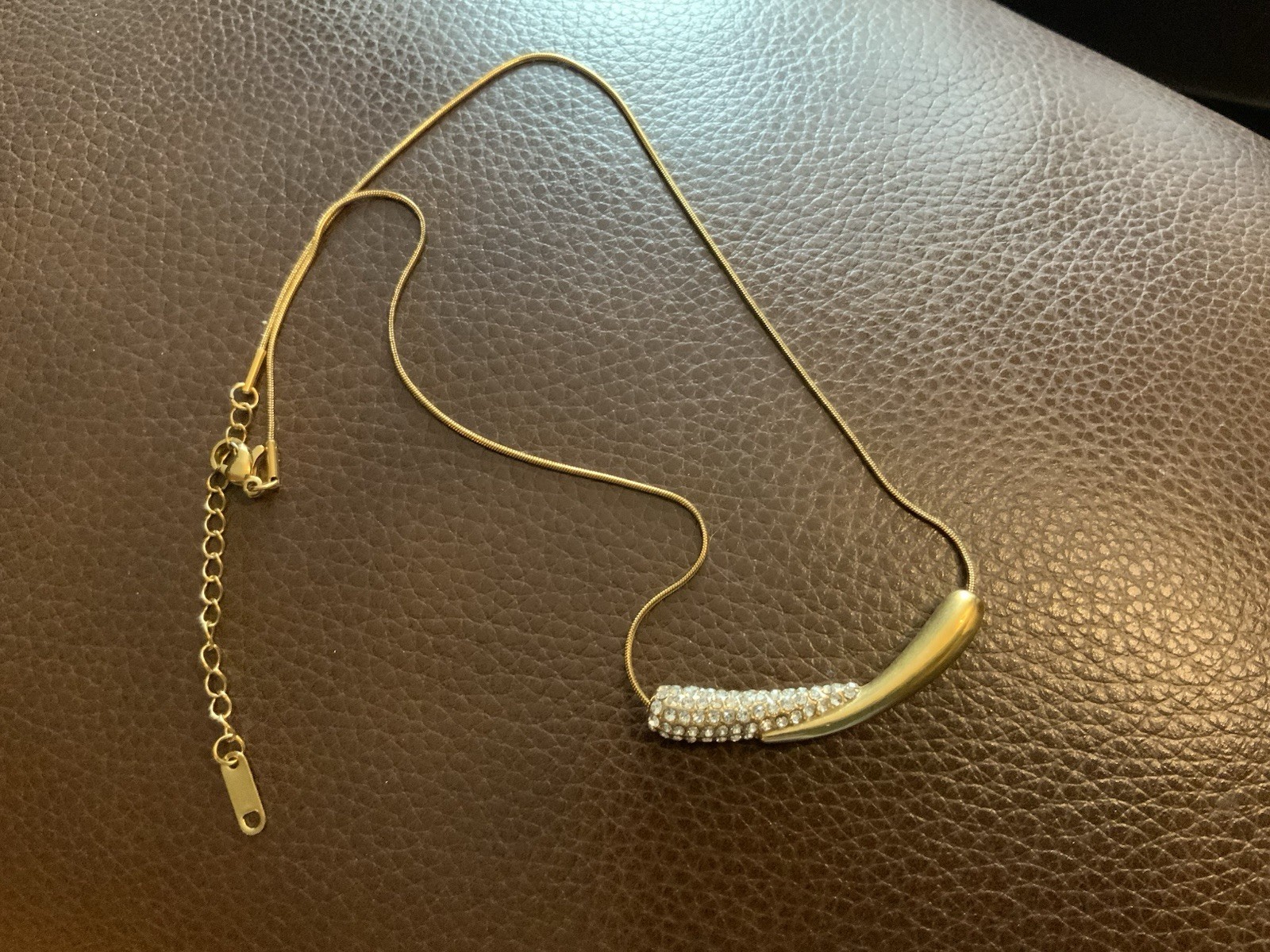 Anthropologie Gold Curved Bar Necklace Pave Crystal Pendant Minimalist Boho CZ