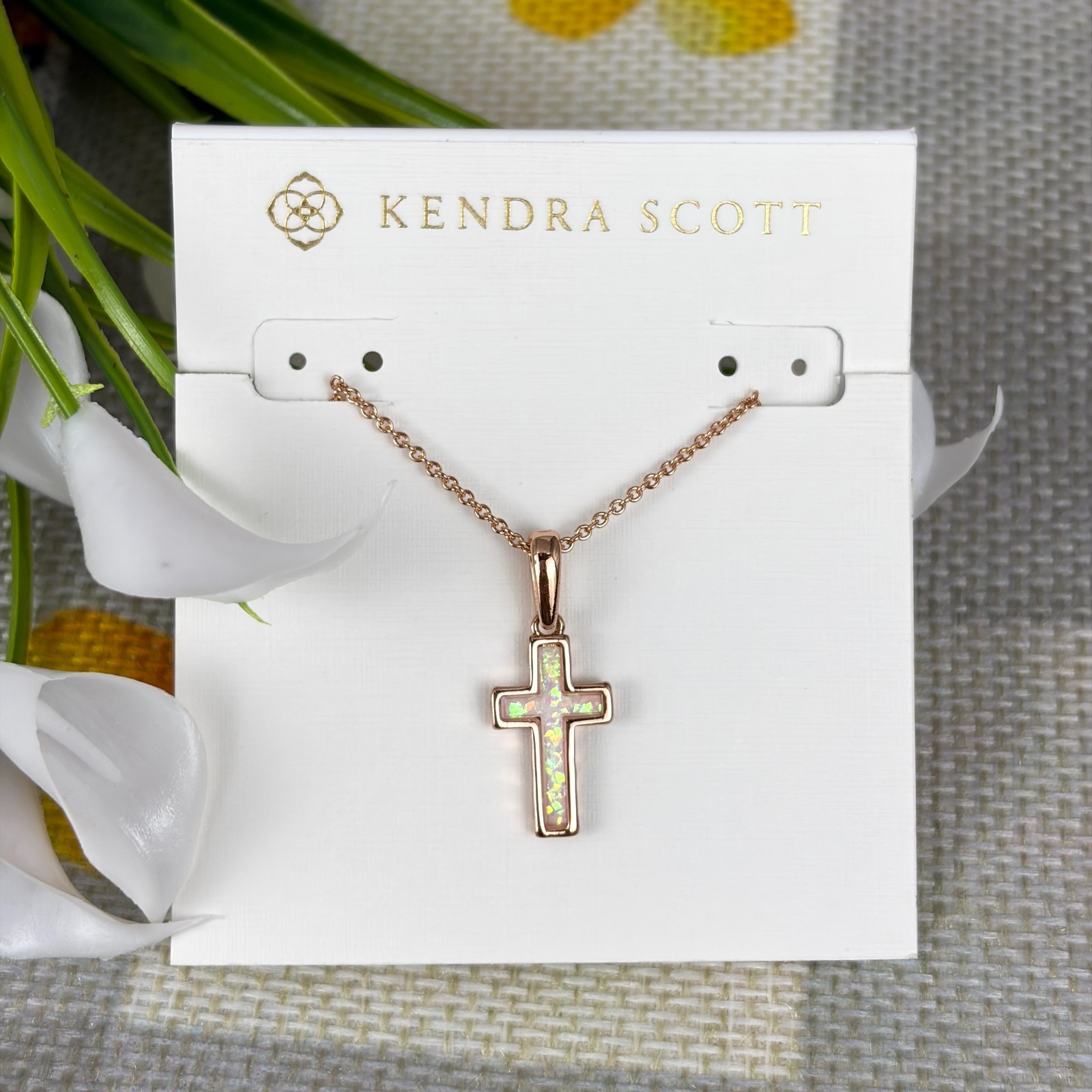 Kendra Scott Cross Rose Gold Pendant Necklace in White Kyocera Opal
