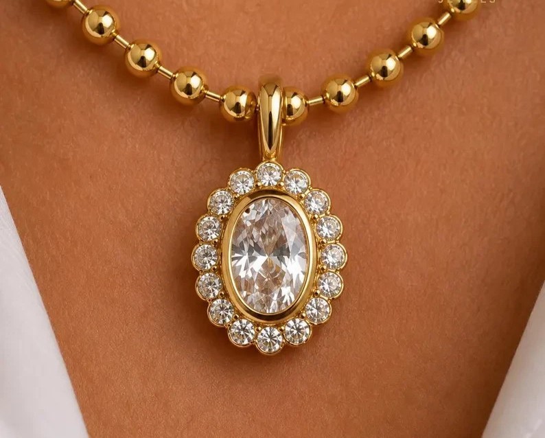 Oval Cut Simulated Diamond Women’s Pendant 14K Yellow Gold Plated Without Chain