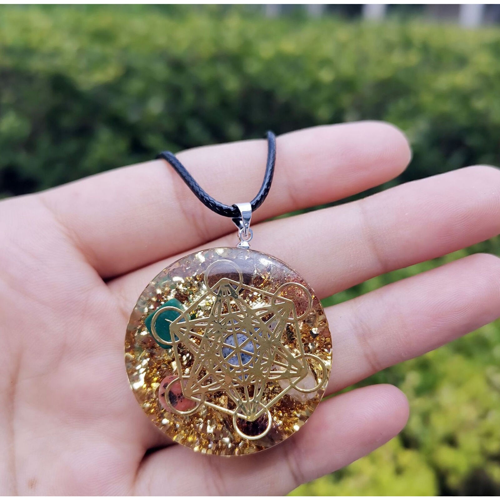 Metatron Cube 7 Chakra Gemstone Pendant Orgonite Necklace Orgone Sacred Geometry