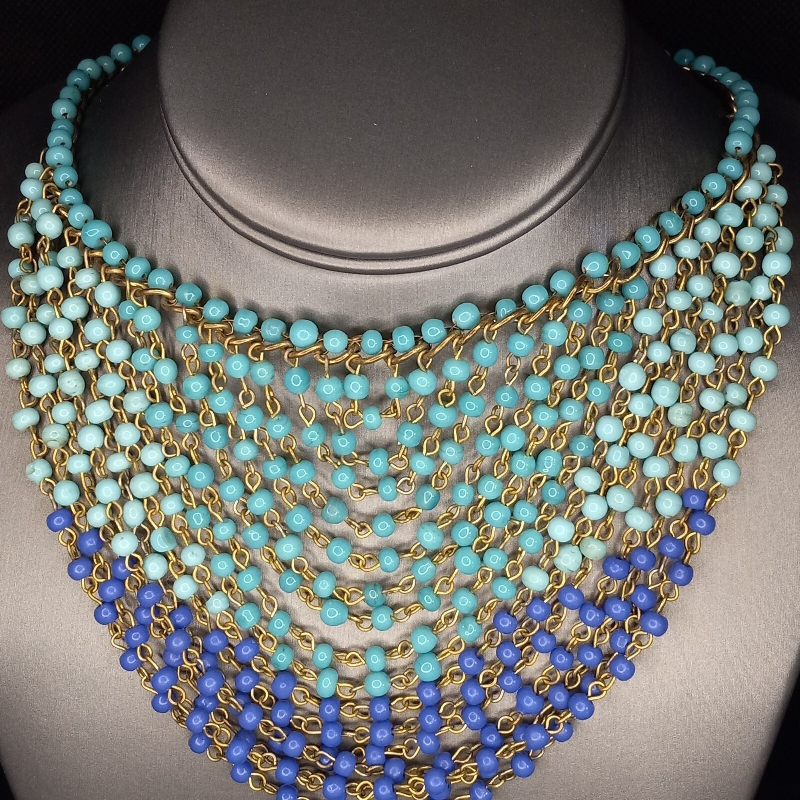 Cleopatra Style Glass Beads Blue Ombre Bib Layered Gold/Brass Tone Necklace