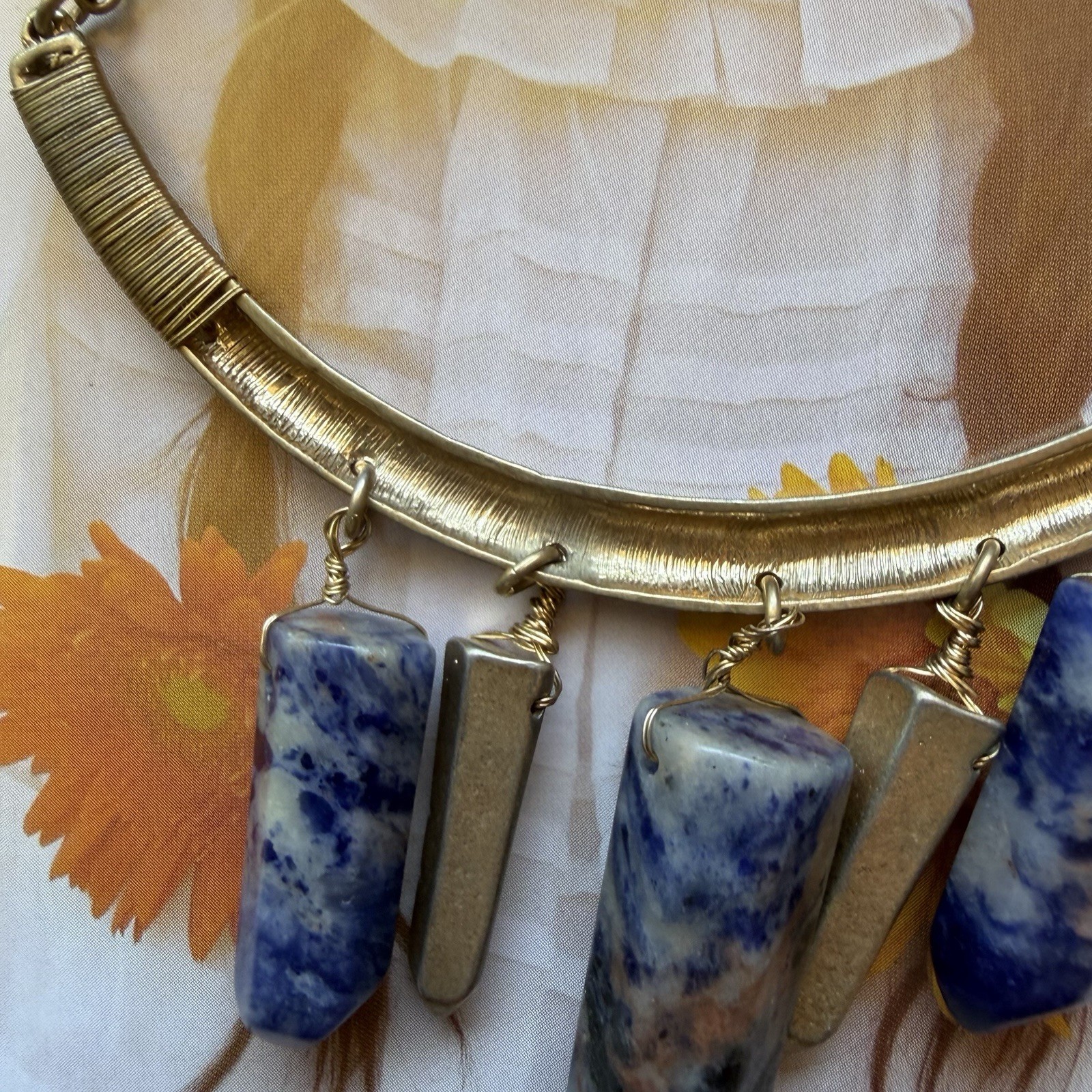 Blue Style Sodalite Crystal Point Fringe Statement Necklace Bronze Tone Boho