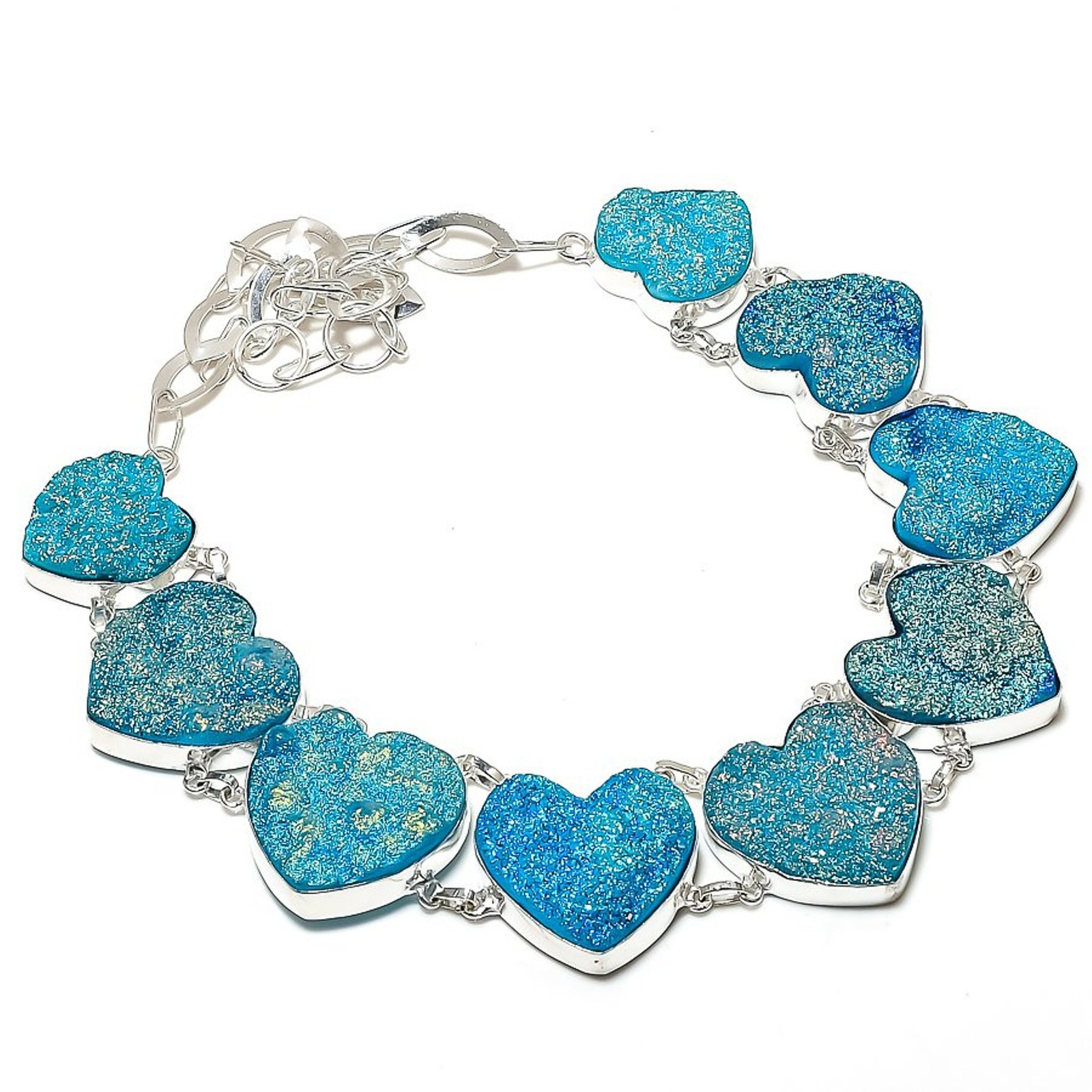Blue Titanium Druzy Heart Shape Gemstone Necklace Adjustable Chain Jewelry 18″