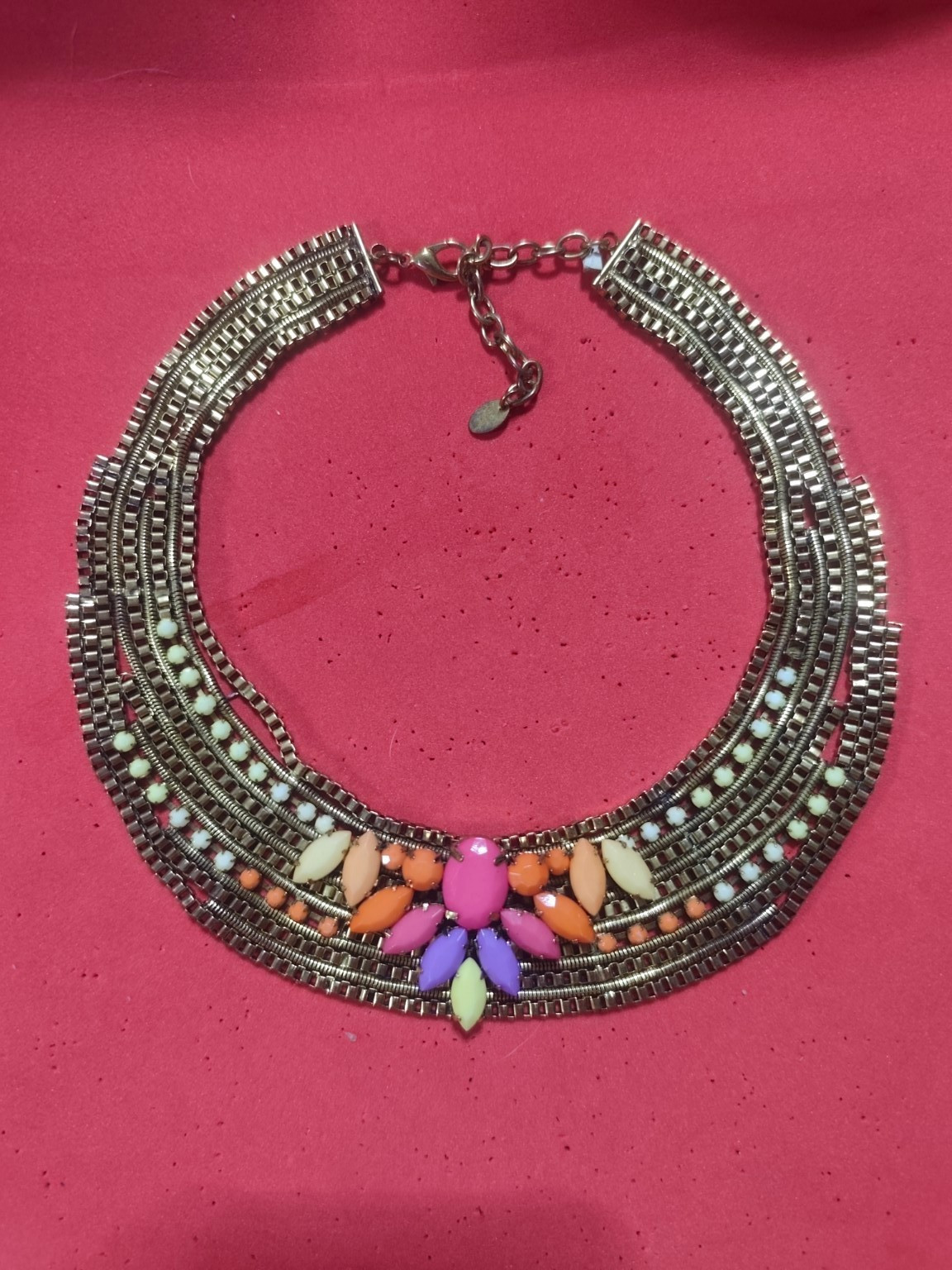 Cara NY Gold Tone Multi Strand Statement Necklace Colorful Rhinestone Bib Collar