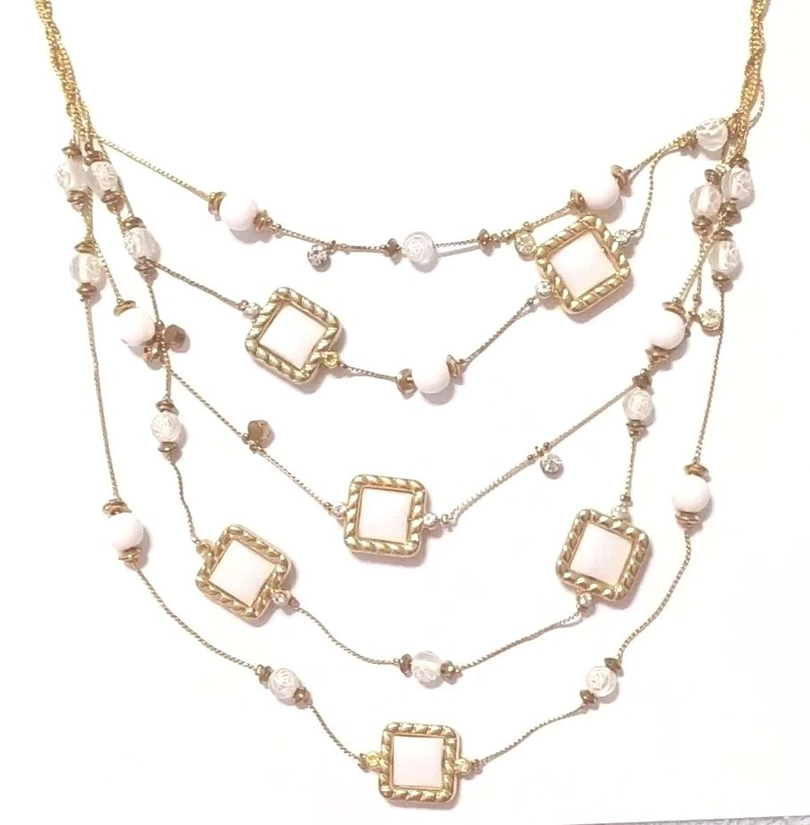 INC International Concepts Layered Necklace White and Clear Beads Gold Tone 