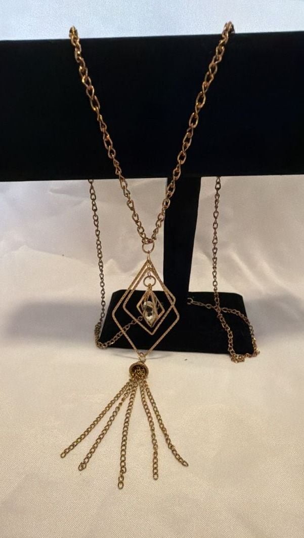 Gold-Tone Geometric Diamond-Shaped Tassel Pendant Fashion Necklace