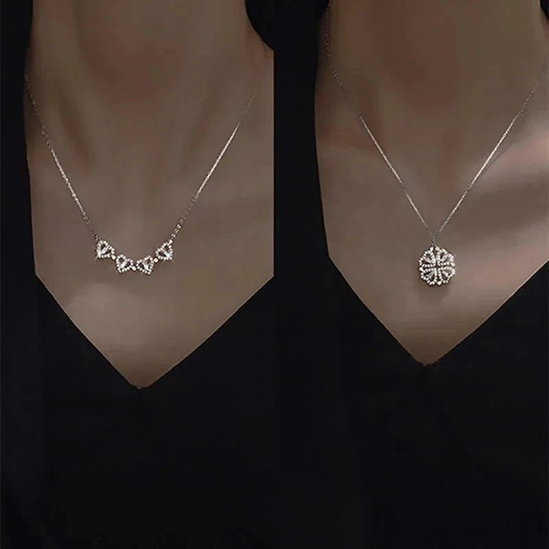 Four Leaf Clover Magnetic Folding Heart Crystal Pendant Necklace- Elegant