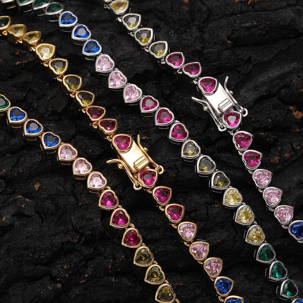 Charm Colorful Heart Shape 5A Zircon Tennis Chain Necklace Bracelet Jewelry