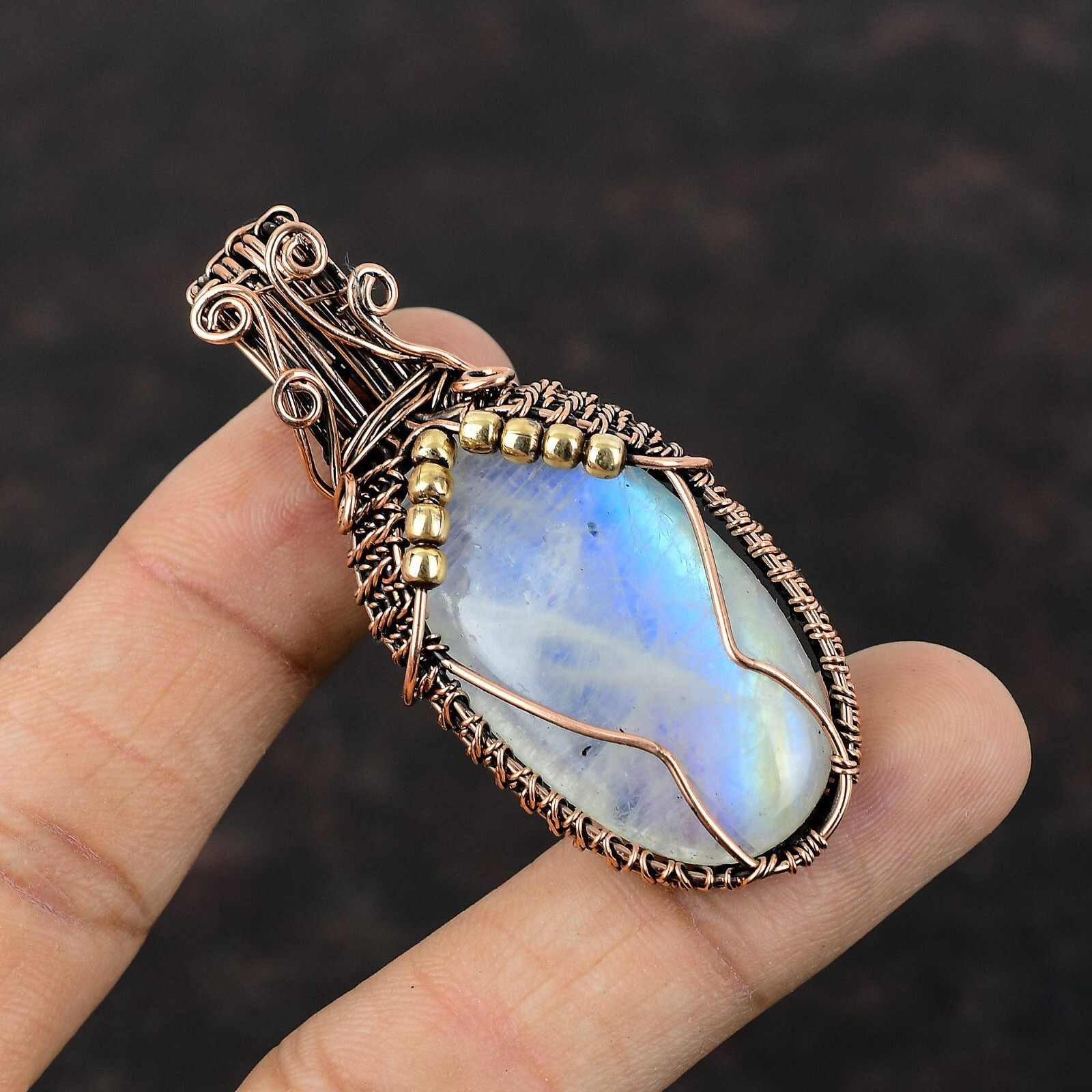 Women Day Sale Rainbow Moonstone Copper Gift For Mom Wire Wrapped Pendant 2.48″