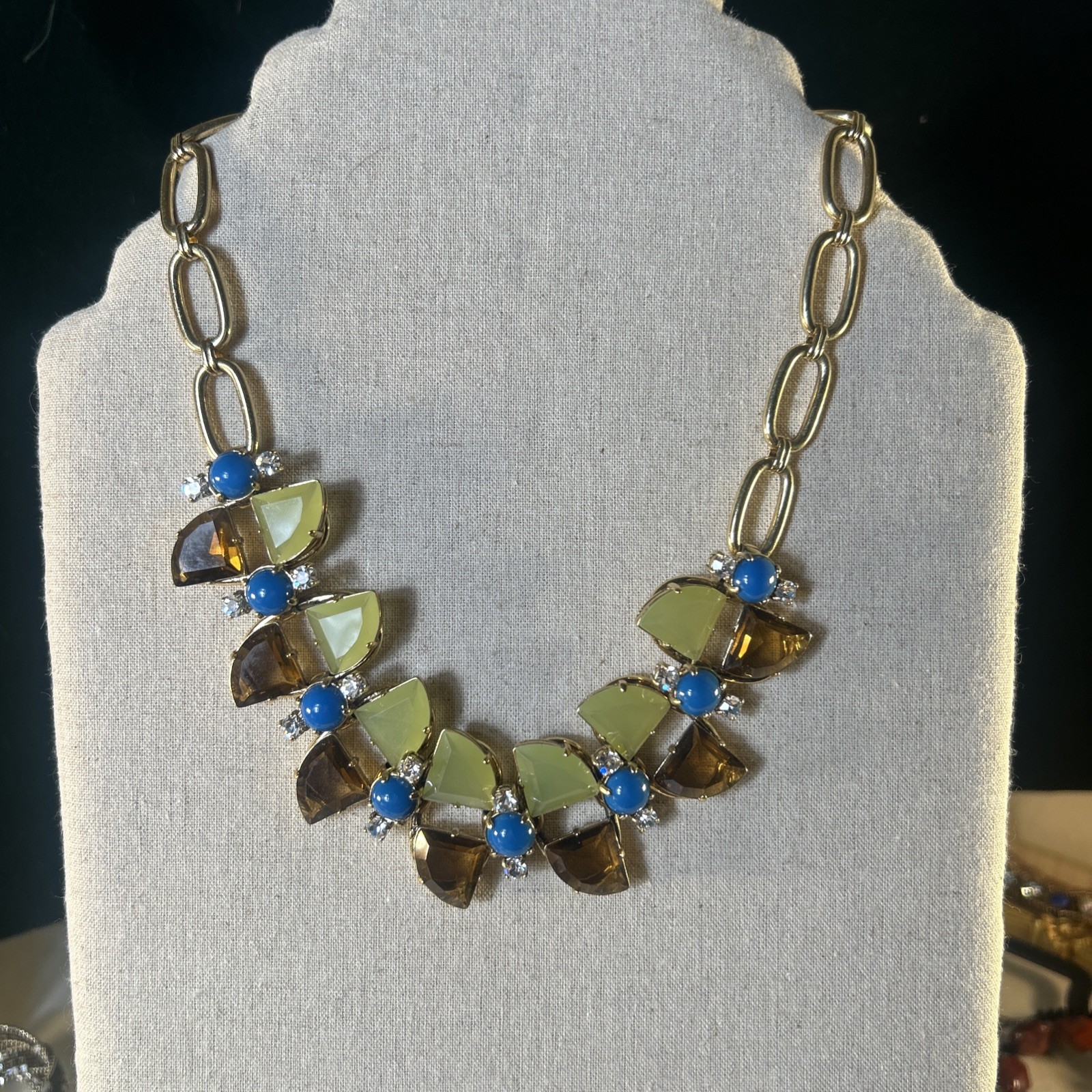 J.Crew Statement Necklace Blue Cabochon Green Resin Crystal Bib Necklace