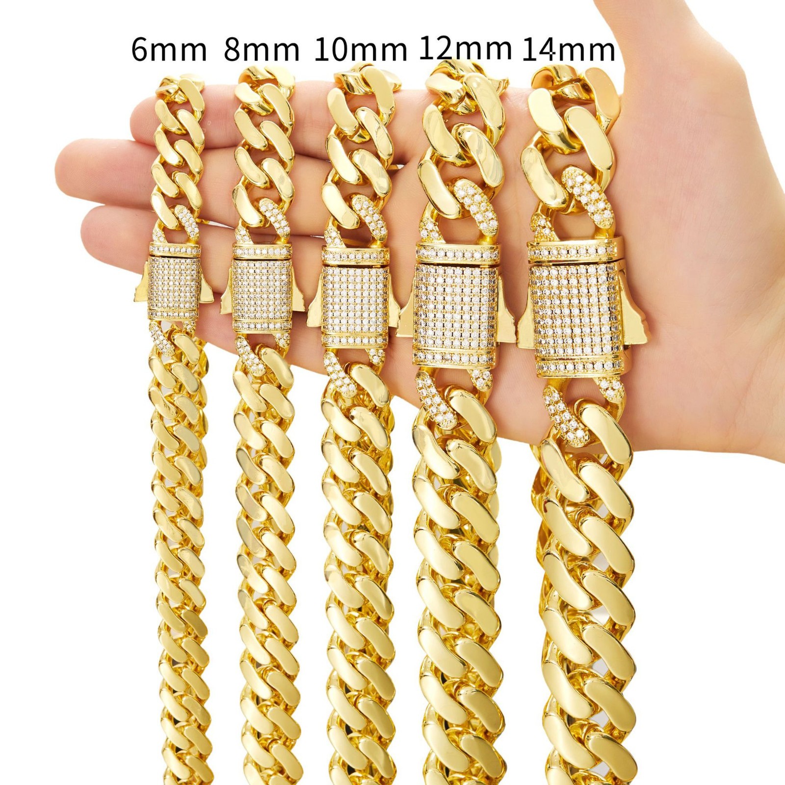 New 14K Gold Miami Cuban Link Chain 6-14mm Women Men CZ Stainless Steel Necklace