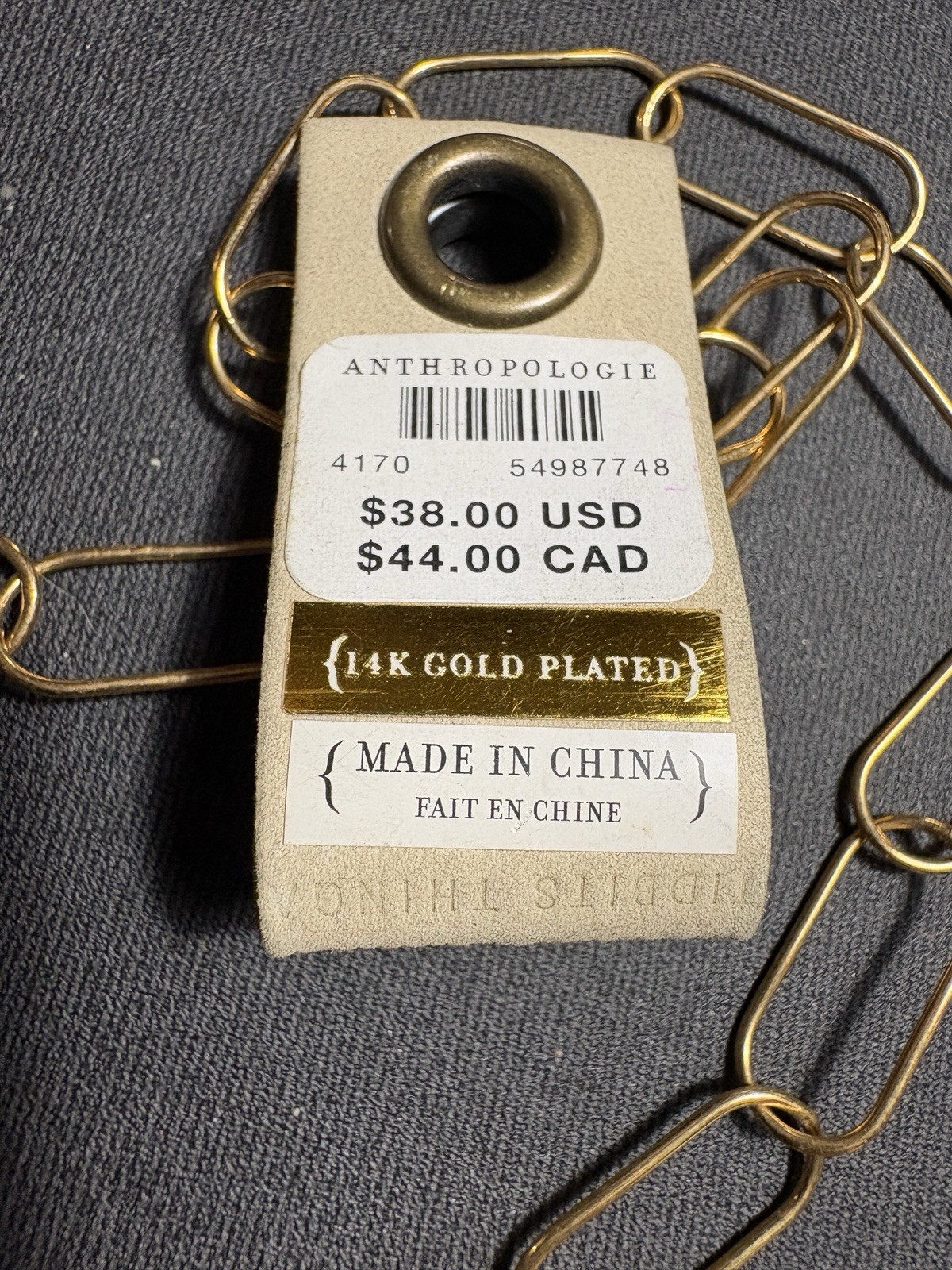 Anthropologie Serafina 14 K Gold Plated Paperclip Chain Necklace NWT