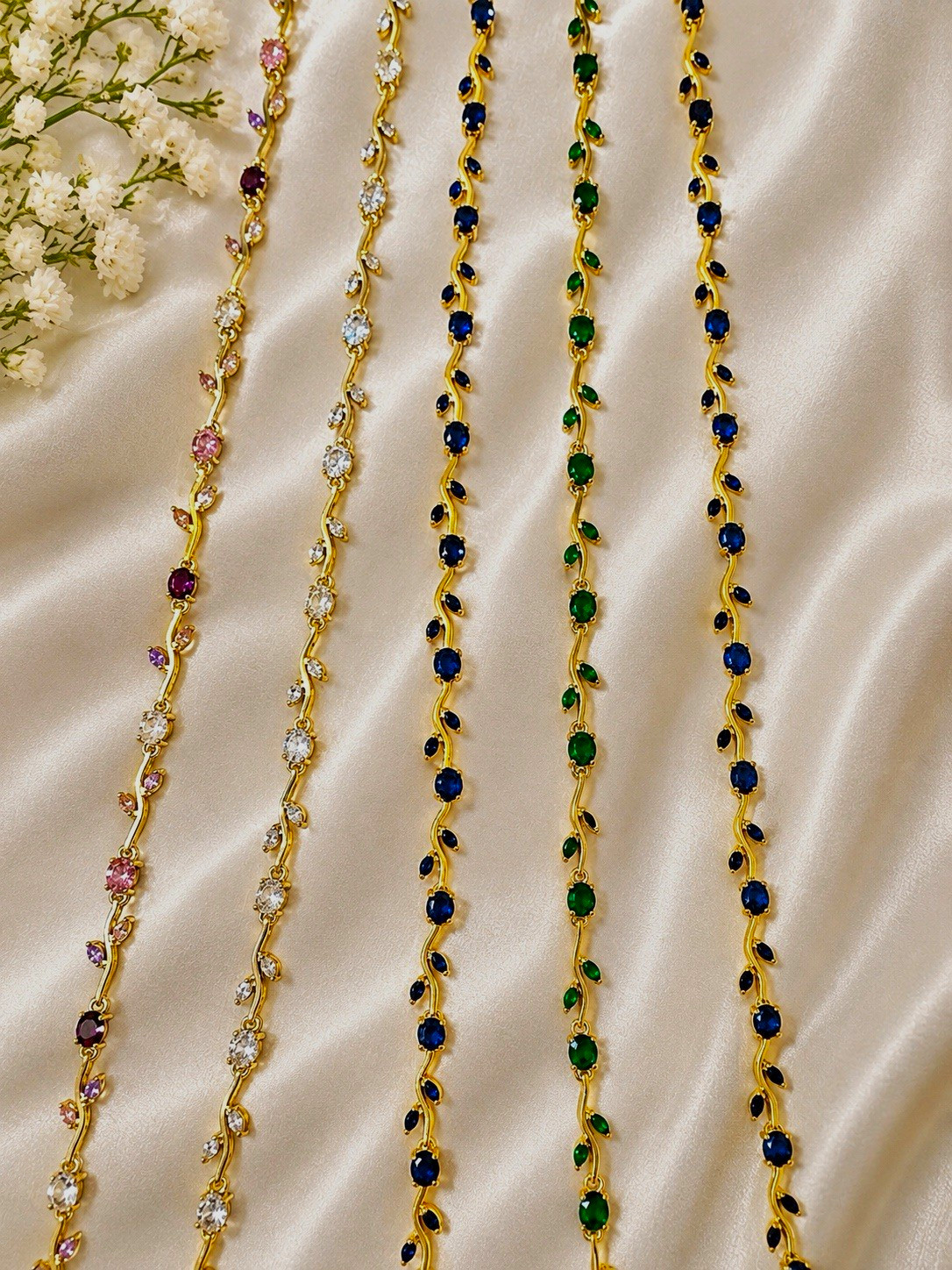 5 Gold Tone Cable Chain Necklace w/ Multicolor Round Sim Crystal Stations